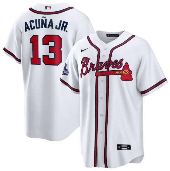 Men's Atlanta Braves #13 Ronald Acuna Jr. 2021 White World Series Champions Cool Base Stitched Jersey Men's Atlanta Braves #13 Ronald Acuna Jr. 2021 White World Series Champions Cool Base Stitched Jersey